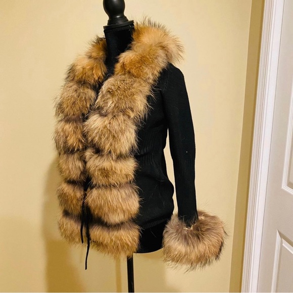 Real raccoon fur cardigan genuine fur collar trench coat parka jacket wool blaze - Picture 11 of 16